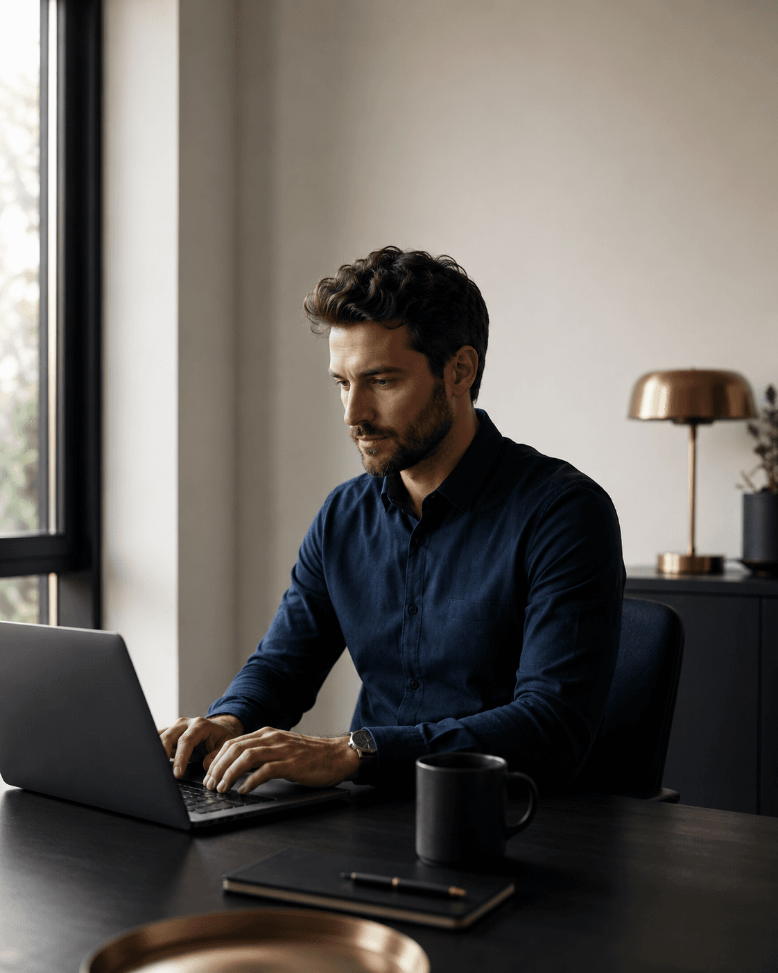A professional working at a laptop in a calm, organised workspace.